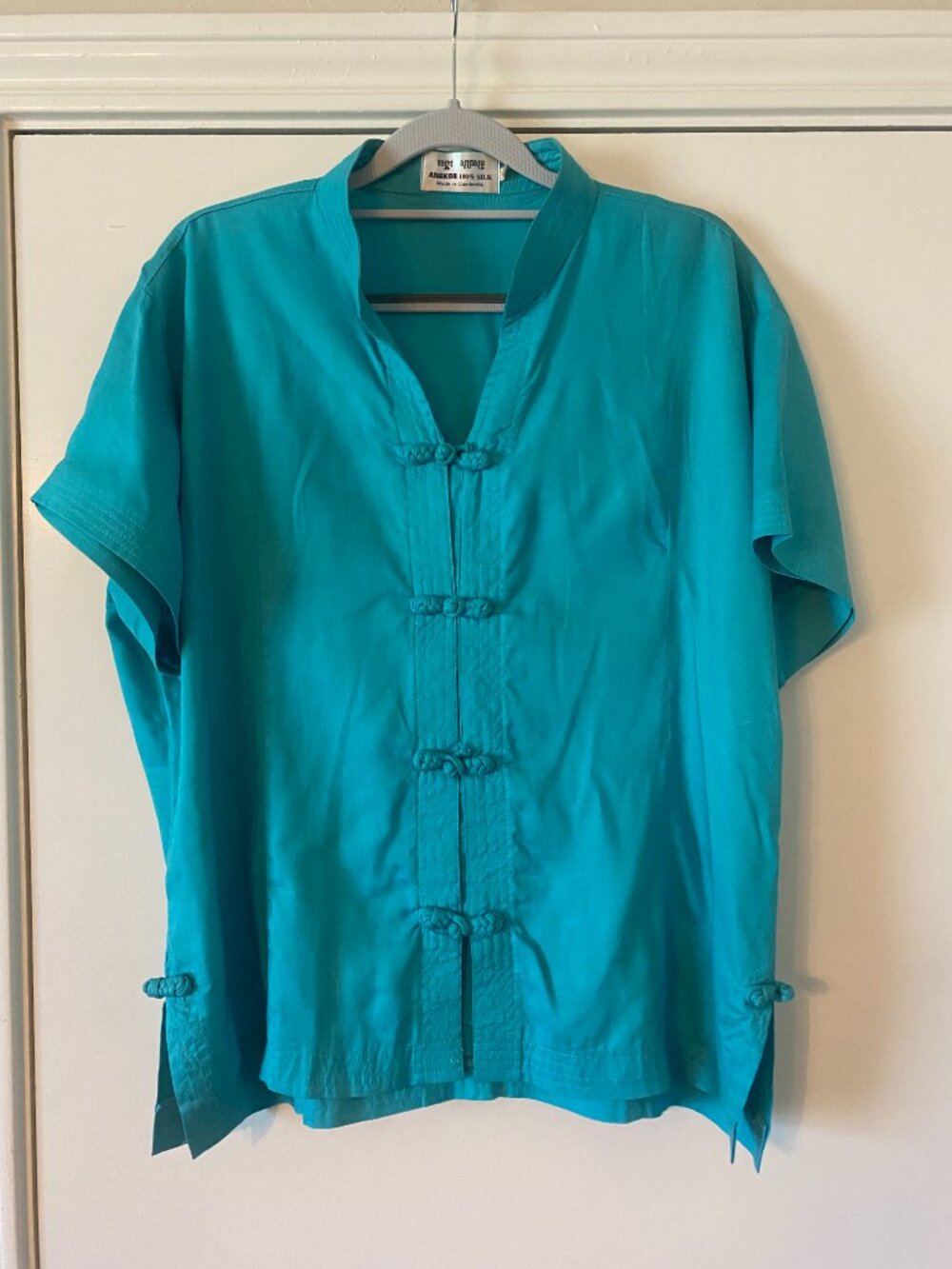 Vintage Artisans Angkor 100% Silk Mandarin Collar Blouse Top Teal Blue XL